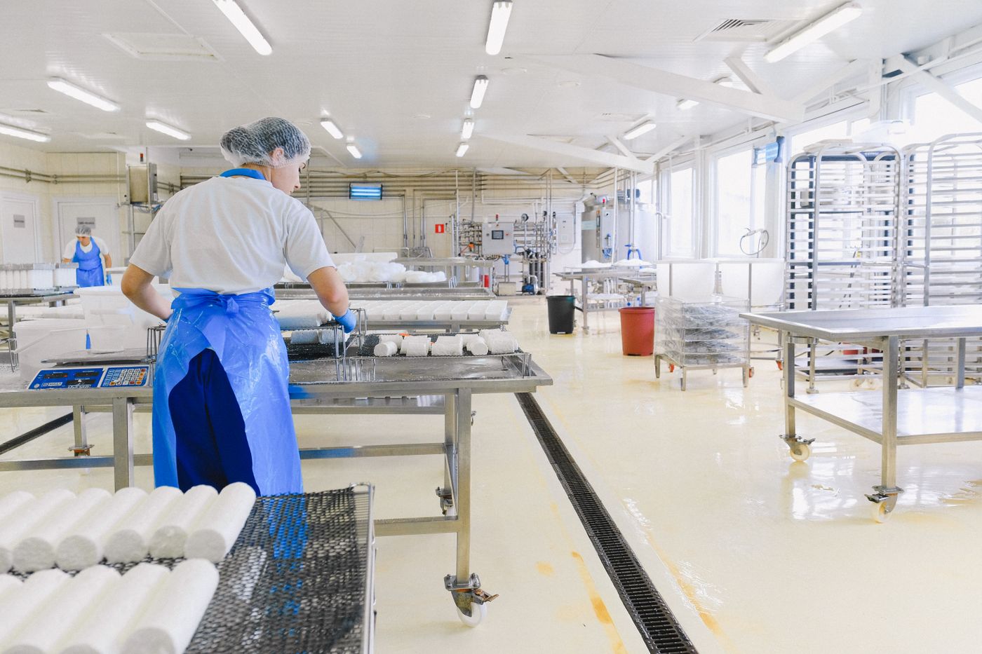 Atelier fromager : moulage de fromages en salle de fabrication.